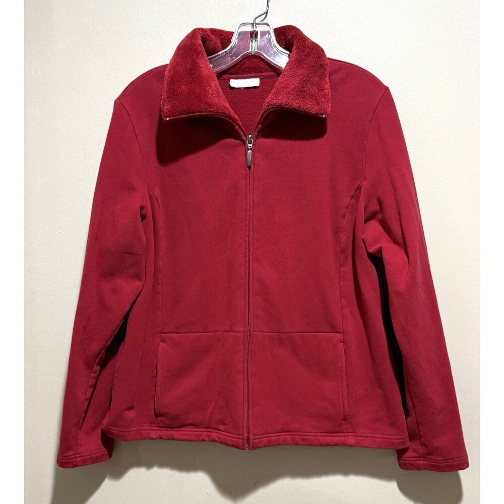 Charter Club Womens L Red Full Zip Sweatshirt Jacket Sherpa Fleece Collar Pocket